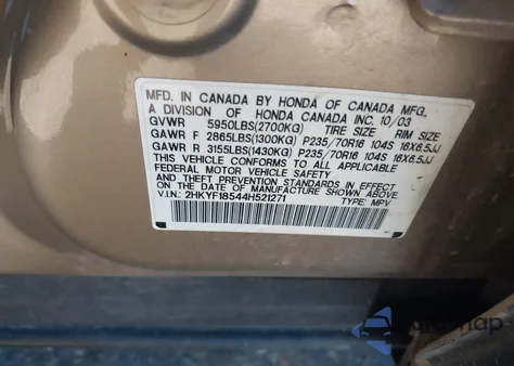 2004 Honda Pilot Ex-L z USA, uszkodzony, nr VIN 2HKYF18544H521271